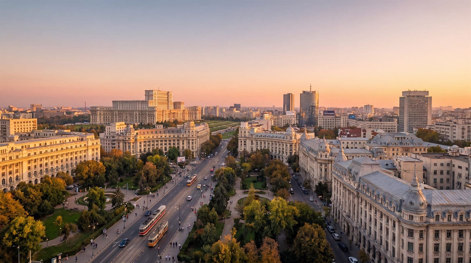 Bucharest cityscape at golden hour